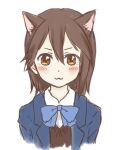  1girl :3 animal_ear_fluff animal_ears bangs black_sweater blazer blue_bow blue_bowtie blush bow bowtie brown_background brown_eyes brown_hair cat_ears closed_mouth commentary cropped_torso dress_shirt extra_ears inaba_himeko jacket kemonomimi_mode kokoro_connect kuroeri_(primelo) looking_at_viewer school_uniform shirt simple_background smile smug solo sweater upper_body v-shaped_eyebrows white_background white_shirt yamaboshi_private_high_school_uniform 