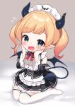  1girl absurdres apron bangs black_dress blonde_hair blue_eyes blush chibi commentary_request demon_girl demon_horns demon_tail demon_wings dress eyebrows_visible_through_hair flying_sweatdrops full_body gradient_hair hands_on_own_cheeks hands_on_own_face highres hololive horns long_hair long_sleeves looking_at_viewer maid maid_headdress multicolored_hair no_shoes nyasunyadoora open_mouth pointy_ears red_hair sidelocks signature sitting solo tail thighhighs twintails virtual_youtuber wariza white_apron white_legwear wings younger yuzuki_choco 