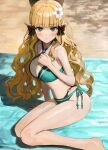  1girl arm_support bangs bikini blonde_hair blue_eyes blunt_bangs blush bow breasts cleavage commentary eyebrows_visible_through_hair flower green_bikini hair_bow hair_flower hair_ornament halterneck hand_on_own_chest highres large_breasts long_hair looking_at_viewer o-ring o-ring_bikini on_ground pointy_ears princess_connect! sand saren_(princess_connect!) shadow side-tie_bikini sitting solo sonchi swimsuit symbol-only_commentary towel wavy_hair yokozuwari 