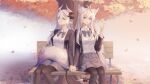  2girls absurdres animal_ear_fluff animal_ears antenna_hair autumn_leaves black_bow bow breasts chair demon_horns demon_tail extra_ears fox_ears fox_girl fox_tail grey_hair hair_between_eyes hair_intakes highres holding_hands horns interlocked_fingers kirby_d_a large_tail leaf long_hair long_sleeves medium_breasts multiple_girls original pointy_ears purple_eyes sidelocks silver_hair tail tree very_long_hair white_hair 