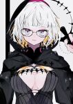  1girl absurdres bangs black_dress black_jacket blue_eyes breasts cleavage commentary cropped_jacket dress fate/grand_order fate_(series) glasses grey_hair highres hood hood_up hooded_jacket jacket jacques_de_molay_(foreigner)_(fate) large_breasts long_sleeves looking_at_viewer note_nii open_clothes open_jacket short_hair solo 