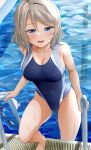  1girl barefoot blue_eyes blue_swimsuit breasts brown_hair commentary_request competition_swimsuit highres large_breasts love_live! love_live!_sunshine!! miel_(lessontome) one-piece_swimsuit open_mouth pool short_hair smile solo swimsuit thighs watanabe_you water wet wet_hair 