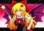  1girl :d bat bat_wings blonde_hair bow bowtie breasts buttons collared_shirt dress_shirt elis_(touhou) eyebrows_visible_through_hair facial_mark fang hair_bow hand_on_hip holding holding_wand medium_breasts open_mouth pointy_ears purple_vest qqqrinkappp red_bow red_bowtie shirt skin_fang smile solo star_wand touhou traditional_media v-shaped_eyebrows vest wand white_shirt wings 