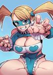  1girl blonde_hair blue_eyes blue_leotard breasts cameltoe cleavage highres large_breasts leotard long_hair looking_at_viewer mask rainbow_mika simple_background smile solo street_fighter street_fighter_zero_(series) tukiwani twintails wrestling_outfit 