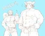  2boys abs animal_ears bara blue_theme bulge commentary_request cow_boy cow_ears cow_horns cross-laced_clothes cross-laced_legwear facial_hair fiery_horns forked_eyebrows goatee gunzo_(housamo) highres holding holding_clothes holding_underwear horns large_pectorals long_sideburns looking_at_another male_focus male_pubic_hair monochrome multiple_boys muscular muscular_male navel nipples pants pectorals pole2walker2 pubic_hair pubic_hair_peek scar scar_on_arm short_hair sideburns spiked_hair stomach stubble sweatdrop thick_eyebrows thick_thighs thighs tight tight_pants tokyo_afterschool_summoners topless_male underwear wakan_tanka yaoi 