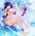  1girl absurdres ankle_ribbon bare_arms bare_shoulders beach bikini bikini_top commentary day feet flower front-tie_bikini front-tie_top genshin_impact hair_flower hair_ornament highres long_hair looking_at_viewer md5_mismatch navel ninai purple_flower purple_hair purple_nails raiden_shogun ribbon slime_(creature) slime_(genshin_impact) soles swimsuit symbol-only_commentary thighhighs torn_clothes torn_legwear water wet white_legwear 