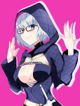 1girl a-kiraa_(whisper) absurdres bangs belt black_dress black_jacket blue_eyes blush breasts cleavage cropped_jacket dress fate/grand_order fate_(series) glasses grey_hair hands_up highres hood hood_up hooded_jacket jacket jacques_de_molay_(foreigner)_(fate) large_breasts long_sleeves looking_at_viewer open_clothes open_jacket short_dress short_hair smile solo sword weapon 