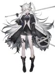  1girl animal_ears arknights bangs black_coat black_dress black_footwear black_gloves boots brooch buttons coat collared_coat dress gloves grey_eyes hair_ornament hairclip highres holding holding_weapon jewelry lappland_(arknights) lappland_(refined_horrormare)_(arknights) long_hair long_sleeves official_alternate_costume open_mouth oripathy_lesion_(arknights) rlffuq025 scar scar_across_eye scar_on_face silver_hair simple_background smile solo standing sword tail torn_clothes weapon white_background wolf_ears wolf_girl wolf_tail 