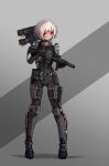  1girl armor assault_rifle belt belt_pouch black_bodysuit bodysuit commentary_request exoskeleton full_body grey_background gun harness holding holding_gun holding_weapon holster looking_at_viewer melnik military original pouch red_eyes rifle science_fiction short_hair shoulder_cannon solo standing thigh_holster two-tone_background weapon white_hair 