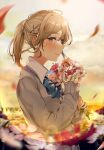  1girl beige_cardigan blonde_hair blue_bow blue_bowtie blush bouquet bow bowtie brown_eyes cardigan closed_mouth cloud cloudy_sky commentary_request dress_shirt evening flower highres hisao_0111 holding holding_flower leaf long_hair long_sleeves looking_at_viewer original outdoors ponytail school_uniform shirt sky smile solo sunset twilight white_shirt 