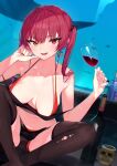  1girl absurdres bangs bare_shoulders bikini black_legwear black_ribbon bottle breasts collarbone cup drinking_glass earrings eyebrows_visible_through_hair fang fish foreshortening glass groin_tendon hair_ribbon hands_up heart heart_earrings heterochromia highres holding hololive houshou_marine jewelry large_breasts long_hair looking_at_viewer open_mouth pomesaurus red_bikini red_eyes red_hair ribbon sitting skindentation skull_cup smile solo strap_gap swimsuit thighhighs thighs torn_clothes torn_legwear twintails virtual_youtuber water whale wine_bottle wine_glass 