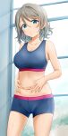  1girl bike_shorts blue_eyes blue_shorts blush breasts brown_hair collarbone commentary_request eyebrows_visible_through_hair hair_between_eyes hands_on_own_stomach highres large_breasts looking_at_viewer love_live! love_live!_sunshine!! midriff miel_(lessontome) navel short_hair shorts solo sports_bra standing stomach sweat watanabe_you 