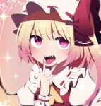  1girl ascot bangs blonde_hair eyebrows_visible_through_hair fangs flandre_scarlet gradient gradient_background hat highres mob_cap one_side_up open_mouth puffy_short_sleeves puffy_sleeves red_eyes red_nails short_hair short_sleeves solo star_(symbol) tongue tongue_out touhou upper_body v white_headwear wrist_cuffs yellow_ascot you_(noanoamoemoe) 