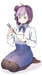  :t absurdres ahoge artoria_pendragon_(fate) black_legwear blackberry_cookie blue_bow blue_bowtie blue_skirt blush bow bowl bowtie braid braided_bun chopsticks collared_shirt colored_eyelashes commentary cookie_run cosplay eating fate/stay_night fate_(series) gaeguribanchan hair_bun highres holding holding_bowl holding_chopsticks humanization long_sleeves medium_hair multicolored_hair no_shoes one_side_up pantyhose purple_eyes purple_hair rice saber saber_(cosplay) seiza shirt sitting skirt two-tone_hair white_shirt 