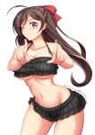  1girl bikini bikini_skirt black_bikini breasts brown_hair cleavage collarbone commentary_request contrapposto cowboy_shot dated hair_ornament hair_ribbon hairclip index_fingers_raised kantai_collection large_breasts long_hair looking_at_viewer mamiya_(kancolle) moke_ro one_eye_closed ribbon simple_background solo standing swimsuit twitter_username white_background 