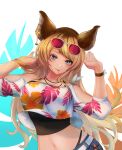  1girl :p animal_ears arms_up bangs bare_shoulders belt blonde_hair blue_eyes breasts crop_top denim denim_shorts erune eyelashes eyeliner eyewear_on_head floral_print granblue_fantasy highres jewelry kangaruu_(momotk1109) large_breasts looking_at_viewer makeup mari_(granblue_fantasy) midriff navel necklace parted_bangs shorts simple_background solo tongue tongue_out upper_body wristband 