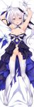  1girl absurdres armpits arms_up bare_shoulders black_dress blue_eyes blush breasts censored commission dress gloves halter_dress halterneck highres honkai_(series) honkai_impact_3rd incredibly_absurdres looking_at_viewer lying mosaic_censoring nipples no_bra no_panties no_shoes on_back on_bed reward_available shimo_(shimo332215) side_ponytail silver_hair skeb_commission small_breasts solo theresa_apocalypse theresa_apocalypse_(twilight_paladin) thighhighs torn_clothes torn_dress white_gloves white_legwear 