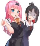  2girls bangs black_bow black_dress black_hair blue_eyes blunt_bangs bow breast_envy breasts bubble_tea bubble_tea_challenge collared_dress cup disposable_cup dress drink drinking drinking_straw drinking_straw_in_mouth fujiwara_chika hair_bow hair_ribbon highres holding holding_cup iced_tea kaguya-sama_wa_kokurasetai_~tensai-tachi_no_renai_zunousen~ long_hair looking_at_viewer meme multiple_girls neck_ribbon object_on_breast open_mouth parted_bangs pink_hair re:ankh_(mrsz4523) red_eyes red_ribbon ribbon school_uniform shinomiya_kaguya shuuchiin_academy_uniform sidelocks simple_background summer_uniform surprised tea veins white_background wide-eyed 