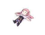  1girl belt belt_buckle boots breasts buckle chibi commentary english_commentary fire_emblem fire_emblem:_three_houses full_body garreg_mach_monastery_uniform hilda_valentine_goneril long_hair lying on_back pink_hair simple_background solid_circle_eyes solo thighhighs twintails white_background zedoraart 
