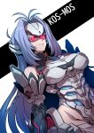  1girl android blue_hair breasts closed_mouth elbow_gloves forehead_protector gloves highres kos-mos leotard long_hair red_eyes simple_background solo tukiwani very_long_hair xenosaga 