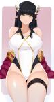  1girl absurdres black_hair breasts commentary_request cowboy_shot highres hime_cut large_breasts long_hair maruyaa_(malya1006) minoto monster_hunter_(series) monster_hunter_rise one-piece_swimsuit pointy_ears solo swimsuit thigh_strap yellow_eyes 