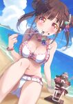  1girl :q beach bikini blush bracelet breasts brown_hair chocolate chocolate_chip chocolate_syrup day double_bun dutch_angle eating food food-themed_hair_ornament food-themed_necklace food_on_face frilled_bikini frills fruit groin hair_ornament horizon ice_cream ice_cream_spoon idolmaster idolmaster_shiny_colors jewelry kitahara_tomoe_(kitahara_koubou) large_breasts macaron macaron_hair_ornament medium_hair nail_polish outdoors red_eyes sitting solo sonoda_chiyoko spoon strawberry sundae swimsuit tongue tongue_out twintails twitter_username water 