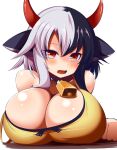  1girl animal_ears animal_print breasts cleavage cow_ears cow_girl cow_horns highres horns huge_breasts multicolored_hair red_horns solo split-color_hair tank_top touhou two-tone_hair ushizaki_urumi xialu_zajin 