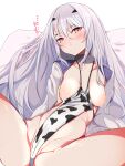  1girl absurdres animal_print bangs breasts brown_eyes collar collarbone cow_print eyebrows_visible_through_hair fairy_knight_lancelot_(fate) fate/grand_order fate_(series) highleg highleg_swimsuit highres kawa_mura leaning_back long_hair long_sleeves looking_at_viewer metal_collar nipples open_mouth shrug_(clothing) sideless_outfit sidelocks small_breasts spread_legs swimsuit thighs translation_request white_hair white_swimsuit 
