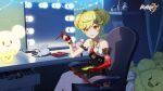  1girl :o ai-chan_(honkai_impact) bangs chair double_bun dress food green_hair hair_between_eyes hair_ornament hairpin highres holding holding_food holding_phone honkai_(series) honkai_impact_3rd indoors lamp lights looking_at_viewer mirror open_mouth orange_eyes phone pocky sleeveless sleeveless_dress solo table thighhighs tissue tissue_box white_legwear 