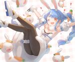  1girl ;d absurdres animal_ears artist_name bangs black_gloves black_legwear blue_hair bow braid carrot carrot_hair_ornament coat commentary detached_sleeves don-chan_(usada_pekora) food-themed_hair_ornament fur-trimmed_coat fur-trimmed_gloves fur_trim gloves hair_bow hair_ornament heart highres hololive leg_garter long_hair miyamo_(fumifumi_no_ura) multicolored_hair one_eye_closed open_mouth orange_eyes outstretched_arms pantyhose puffy_sleeves rabbit_ears scarf shoes short_sleeves smile solo strapless_coat swept_bangs twin_braids two-tone_hair usada_pekora virtual_youtuber white_coat white_footwear white_scarf 