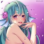  1girl absurdres artist_name blush breasts c_turtle commentary doritos finana_ryugu flower green_hair hair_flower hair_ornament head_fins highres licking licking_finger long_hair looking_at_viewer mermaid monster_girl nijisanji nijisanji_en nude open_mouth purple_background purple_eyes purple_flower saliva sideboob simple_background solo tongue tongue_out virtual_youtuber 