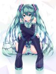  1girl absurdres aqua_eyes aqua_hair arms_on_knees ass bangs bare_shoulders black_legwear blush breasts calcio cameltoe collared_shirt commentary detached_sleeves eyebrows_visible_through_hair eyes_visible_through_hair hair_between_eyes hatsune_miku high_heels highres long_hair looking_at_viewer medium_breasts miniskirt nail_polish necktie open_mouth panties pantyshot pleated_skirt shirt shoulder_tattoo sitting skirt sleeveless sleeveless_shirt solo striped striped_panties tattoo thighhighs twintails underwear vocaloid zettai_ryouiki 