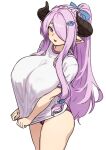  1girl bangs blue_eyes blush breasts buruma draph granblue_fantasy gym_uniform hair_over_one_eye horns houtengeki large_breasts light_purple_hair long_hair looking_at_viewer narmaya_(granblue_fantasy) pointy_ears shirt shirt_tug solo white_shirt 