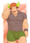  1boy animal_ears bara blush bulge commentary_request covered_abs covered_nipples cow_boy cow_ears cow_horns facial_hair feet_out_of_frame fiery_horns forked_eyebrows goatee green_shorts grey_shirt hand_on_own_head highres horns large_pectorals male_focus muscular muscular_male pectoral_cleavage pectorals pole2walker2 shirt short_hair shorts solo spiked_hair thick_eyebrows thick_thighs thighs tight tight_shirt tokyo_afterschool_summoners wakan_tanka 