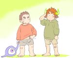  2boys animal_ears bandaid bandaid_on_cheek bandaid_on_leg child clothes_lift commentary_request cow_boy cow_ears cow_horns fiery_horns forked_eyebrows full_body green_hoodie gunzo_(housamo) hand_on_own_head highres hood hoodie horns male_focus multiple_boys pole2walker2 red_shirt scratching shirt shirt_lift short_hair spiked_hair thick_eyebrows tokyo_afterschool_summoners wakan_tanka younger 