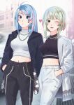  2girls :o absurdres alternate_costume aztree azura_cecillia black_jacket black_pants blue_eyes blue_hair blush breasts commentary english_commentary eyebrows_visible_through_hair green_eyes grey_hair grey_jacket grey_pants hand_in_pocket heart highres jacket jewelry long_hair looking_up medium_breasts miyu_ottavia multicolored_hair multiple_girls musical_note necklace nijisanji nijisanji_id one_eye_closed open_mouth pants pink_hair short_hair smile streaked_hair sweatpants virtual_youtuber 