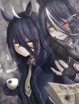  2girls absurdres ahoge animal_print blurry blurry_foreground casing_ejection cat_print coat commentary_request cup earrings english_commentary eyebrows_visible_through_hair eyes_visible_through_hair fingerless_gloves firing genderswap genderswap_(mtf) ghost gloves gun handgun heterochromia highres holding holding_gun holding_weapon horse_girl jewelry leogust long_bangs m1911 manhattan_cafe_(umamusume) mixed-language_commentary multicolored_hair multiple_girls necktie newspaper original partial_commentary personification pistol red_eyes sharp_teeth shell_casing single_earring streaked_hair sunday_silence_(racehorse) teacup teeth translucent two-tone_hair umamusume weapon weapon_request white_hair yellow_eyes yellow_necktie 