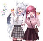  2girls :d alternate_costume animal_ears arm_hug bag belt blush cowboy_shot crepe eye_contact food fox_ears fox_girl fox_tail handbag highres holding holding_food hololive houshou_marine looking_at_another miniskirt multiple_girls namagome_negi open_mouth red_hair shirakami_fubuki silver_hair simple_background size_difference skirt smile sukonbu_(shirakami_fubuki) tail thighhighs virtual_youtuber white_background 