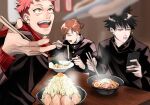  1girl 2boys :t alternate_hairstyle black_hair bowl brown_hair cellphone chewing chopsticks closed_eyes eating egg facial_mark food fushiguro_megumi gakuran hair_up high_collar highres holding holding_chopsticks holding_phone indoors itadori_yuuji jujutsu_kaisen jujutsu_tech_uniform kugisaki_nobara meat mikkakann multiple_boys noodles open_mouth phone pink_hair ramen school_uniform short_hair sitting smartphone spiked_hair steam teeth undercut 