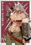  1girl abs absurdres animal_ears bandeau black_panties blindfold breasts cat_ears cat_girl cat_tail coat commentary dark-skinned_female dark_skin eyepatch fingerless_gloves ghislaine_dedoldia gloves grey_hair highleg highleg_panties highres holding holding_sword holding_weapon kowatsu_no_break large_breasts muscular muscular_female mushoku_tensei open_mouth panties pants red_eyes solo stomach sword tail underwear weapon 