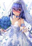  1girl blue_eyes blue_flower blue_hair blue_rose blush bouquet braid breasts bridal_veil cleavage closed_mouth collarbone commentary_request dress eyebrows_visible_through_hair floral_print flower hair_between_eyes highres jewelry long_hair looking_at_viewer mushoku_tensei print_dress ring rose roxy_migurdia smile takurowo tiara twin_braids veil wedding_dress white_dress 