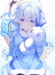  1other bangs blue_dress blush cookie_run dress earmuffs fur-trimmed_dress fur-trimmed_sleeves fur_trim gloves highres ice ice_cream_cone ice_cube long_sleeves looking_at_viewer mittens noyu_(noyu23386566) other_focus short_hair sitting snow snow_sugar_cookie snowflakes solo sparkle white_dress white_eyes white_gloves white_hair 