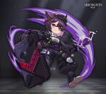  1girl absurdres animal_ears arknights bangs baton_(weapon) beret black_footwear black_headwear black_jacket black_pants closed_mouth commentary dur-nar_(arknights) electricity fang full_body hat highres holding holding_shield holding_weapon jacket lataedelan looking_at_viewer pants polo_shirt purple_eyes purple_hair shield shirt shoes short_hair smile solo tail weapon white_shirt 