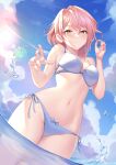  1girl absurdres aluo_7762 bangs bare_arms bare_shoulders bikini blue_sky blush breasts brown_eyes cloud commentary_request cowboy_shot day eyebrows_visible_through_hair hand_up highres looking_at_viewer medium_breasts navel original pink_hair short_hair side-tie_bikini sky smile solo standing stomach swimsuit thighs wading water white_bikini 