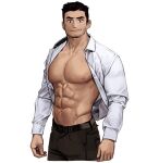  1boy abs areolae bara bare_pectorals beard belt black_hair brown_belt brown_pants collared_shirt commentary_request cropped_legs facial_hair formal large_pectorals looking_at_viewer male_focus mature_male muscular muscular_male navel open_clothes open_shirt original pants pectorals rinotuna salaryman shirt short_hair sideburns smile solo stomach stubble white_background white_shirt 