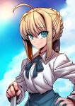  1girl artoria_pendragon_(fate) bangs blonde_hair blue_eyes breasts closed_mouth cloud commentary_request day eyebrows_visible_through_hair fate/stay_night fate_(series) hand_on_hip highres long_sleeves looking_at_viewer saber short_hair smile solo tukiwani 