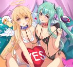  2girls absurdres ahoge alternate_hairstyle angel_wings artist_name banana black_panties blonde_hair blue_collar blush bra bra_pull c_turtle clothes_pull collar collarbone commentary curtains cushion demon_horns demon_wings eggplant excited finana_ryugu flower flying_sweatdrops food fruit green_eyes green_hair groin hair_flower hair_ornament hairband halo hamster head_fins heart heart-shaped_pupils highres horns lifted_by_another lingerie long_hair looking_at_viewer mermaid midriff monster_girl multiple_girls nervous nijisanji nijisanji_en nipple_cutout open_mouth panties panty_lift pointy_ears pomu_rainpuff purple_curtains purple_eyes purple_flower red_collar red_eyes speech_bubble sweat symbol-shaped_pupils tongue tongue_out twintails underwear very_long_hair virtual_youtuber wavy_hair white_panties wings 