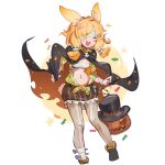  1girl :d animal_ears arknights bandage_over_one_eye bandaged_arm bandages blonde_hair blush breasts cape closed_eyes commentary full_body hair_ornament halloween highres jack-o&#039;-lantern kroos_(arknights) kroos_(the_mag)_(arknights) navel nemo_(leafnight) official_alternate_costume open_clothes open_shirt pantyhose rabbit_ears sarashi simple_background skeleton_print skull_hair_ornament small_breasts smile solo stomach torn_clothes white_background 