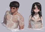  1boy 1girl blush breasts breath commentary_request korean_commentary large_breasts long_hair long_sideburns original partially_submerged pectorals rinotuna see-through shirt short_hair sideburns toned toned_male wet wet_clothes wet_hair wet_shirt white_shirt 