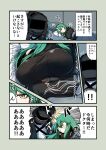  1girl 1other ambiguous_gender arknights black_jacket breasts brown_eyes closed_eyes commentary_request doctor_(arknights) gin_moku green_hair highres hood hood_up hooded_jacket horns hoshiguma_(arknights) hoshiguma_(patrolling_ronin)_(arknights) jacket large_breasts long_hair official_alternate_costume oni_horns open_mouth single_horn sleeping translation_request waking_up zzz 